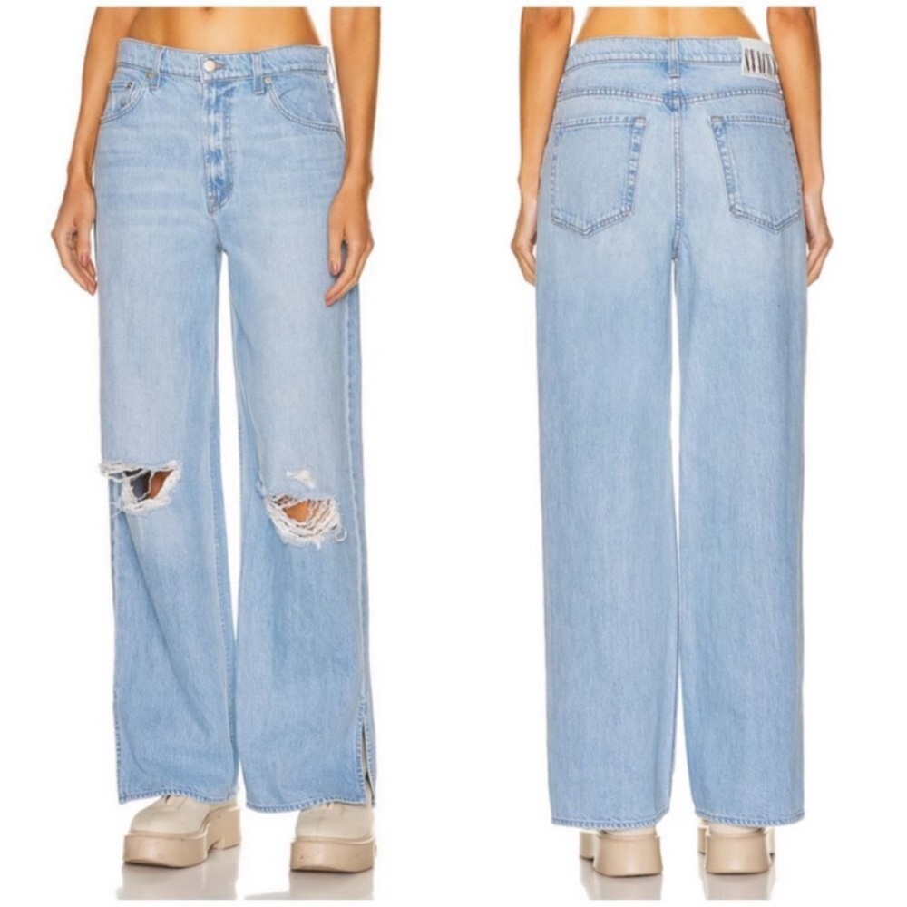 MOTHER Light Blue Distressed Wide Leg Jeans